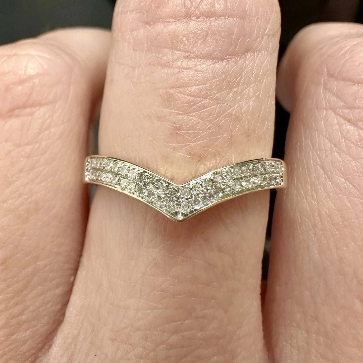 9Ct Yellow Gold .10 Carat TW Diamond Encrusted Wishbone Ring Sz O