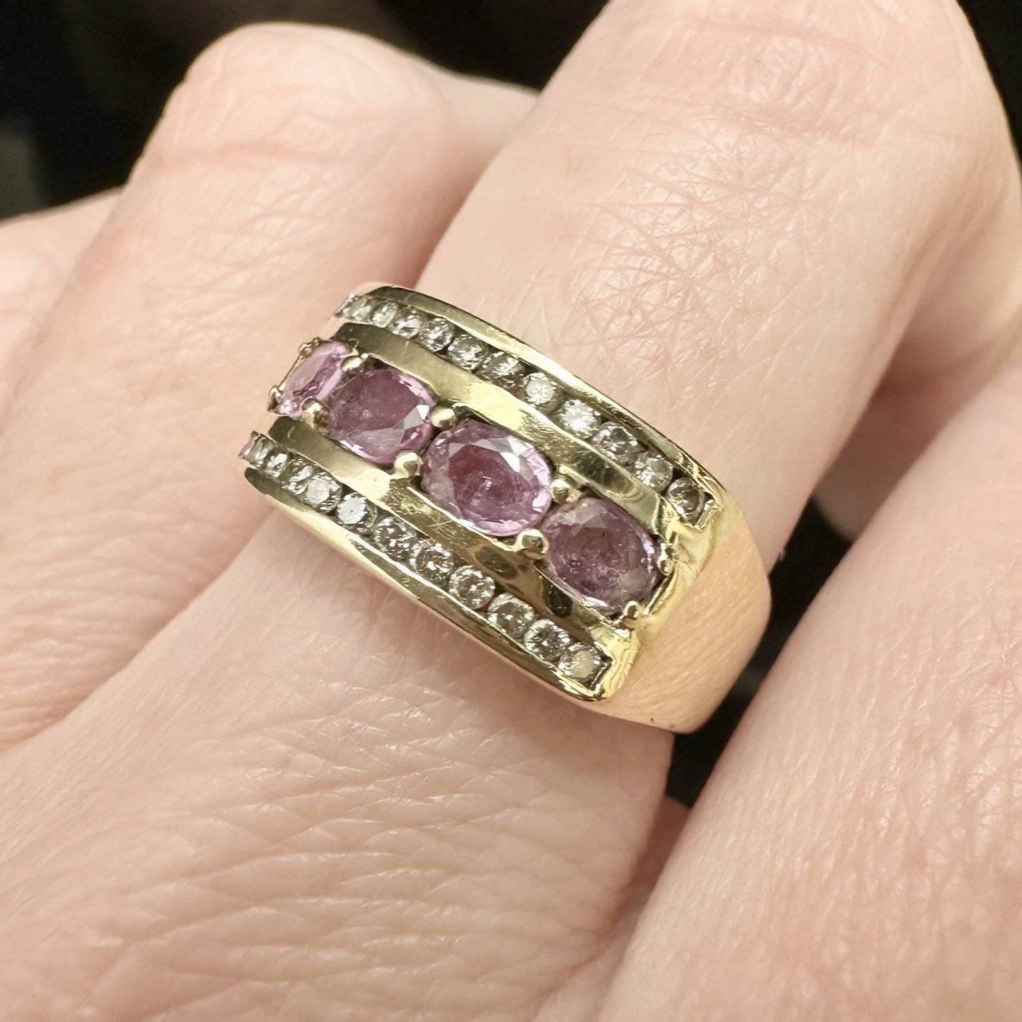 9Ct Yellow Gold Pink Sapphire & Diamond Band Ring Sz M 1/2