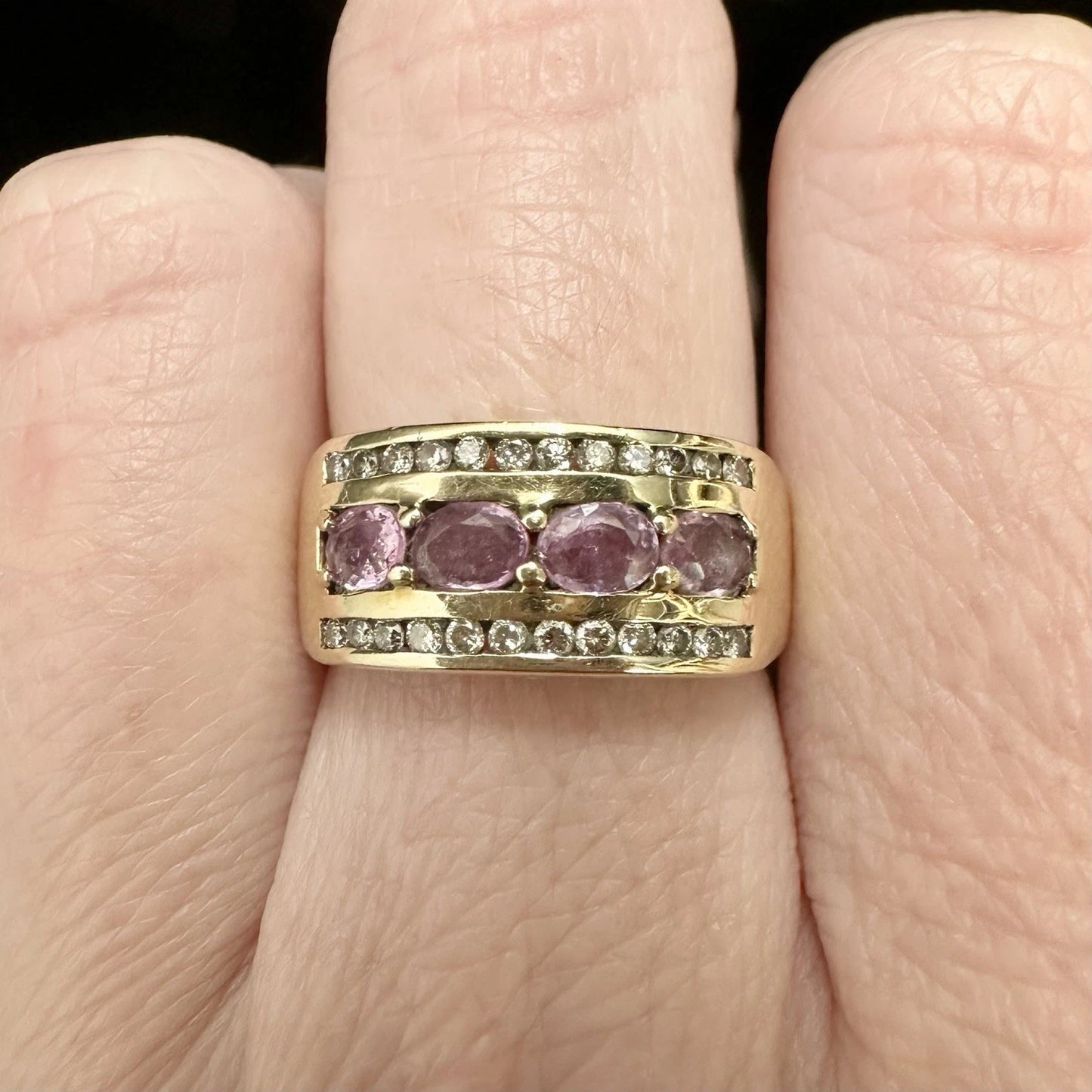 9Ct Yellow Gold Pink Sapphire & Diamond Band Ring Sz M 1/2