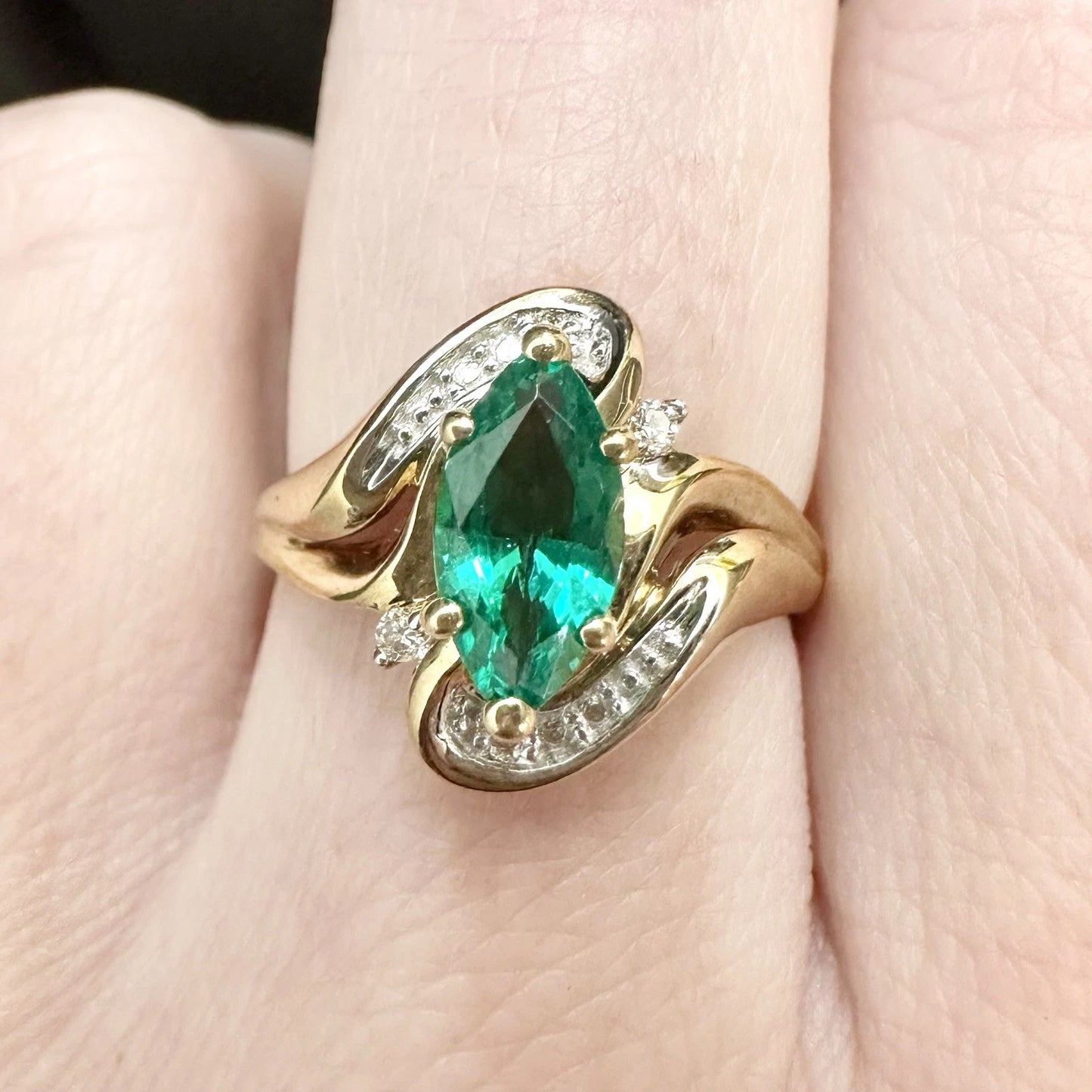 9Ct Yellow Gold Marquise Cut Created Emerald & Diamond Set Ring - Sz O