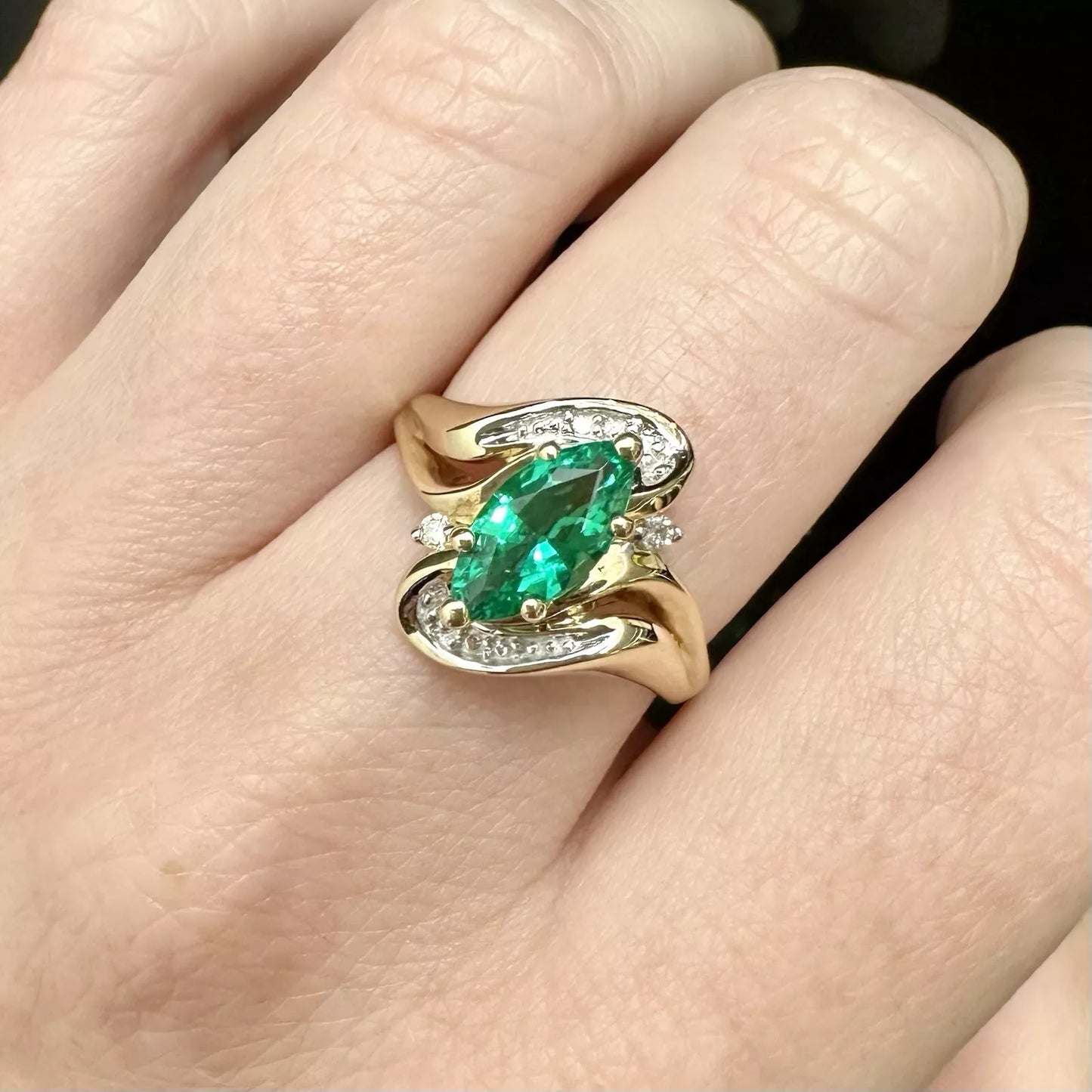 9Ct Yellow Gold Marquise Cut Created Emerald & Diamond Set Ring - Sz O