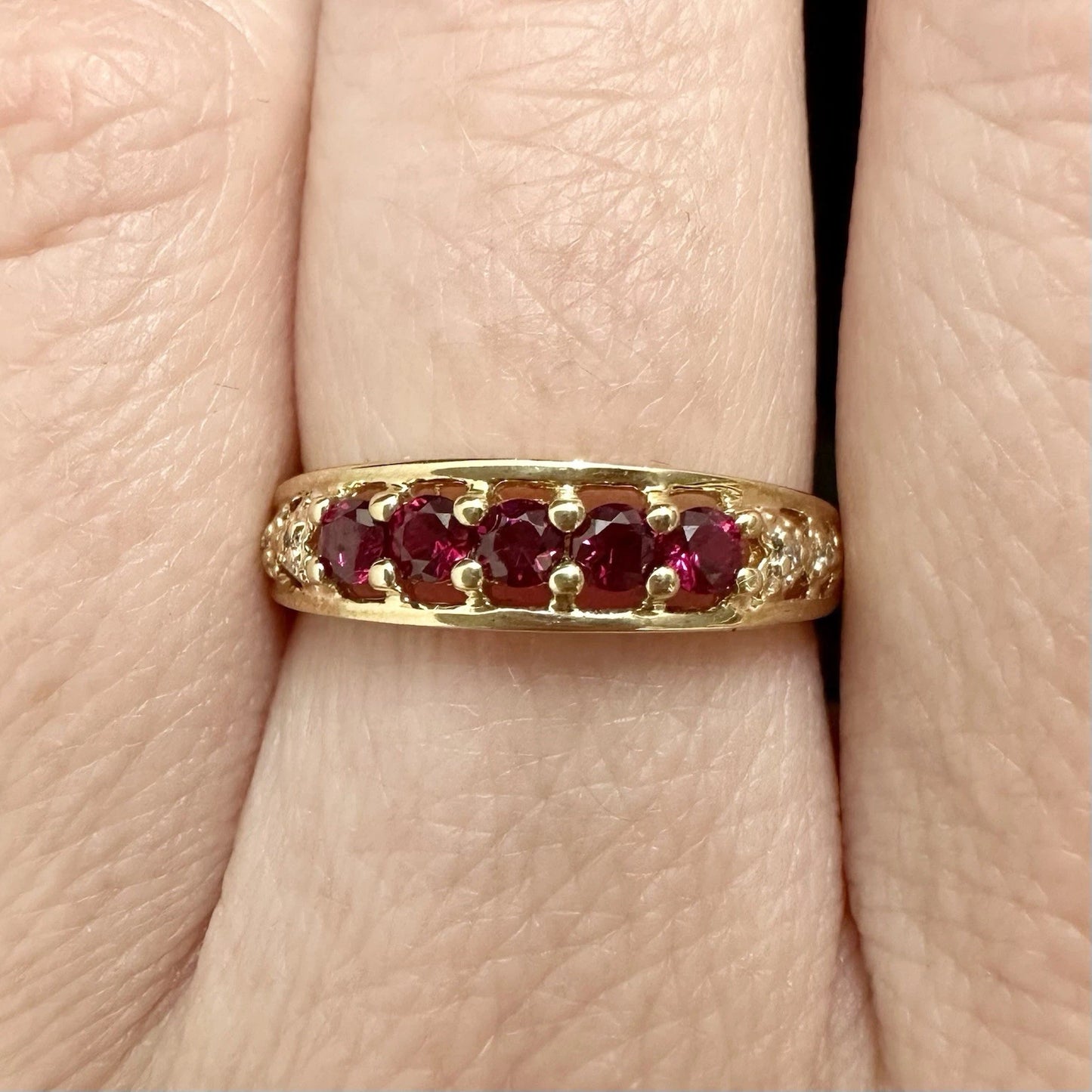 9Ct Yellow Gold Created Ruby & Diamond Accent Band Ring Sz N 1/2