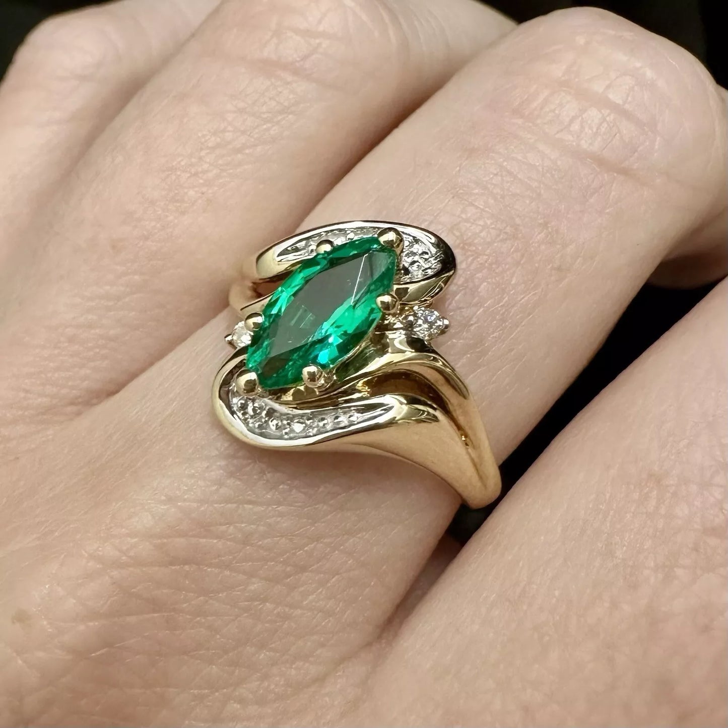 9Ct Yellow Gold Marquise Cut Created Emerald & Diamond Set Ring - Sz O