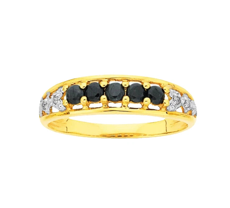 9Ct Yellow Gold Sapphire & Diamond Accent Band Ring - Sz Q 1/2
