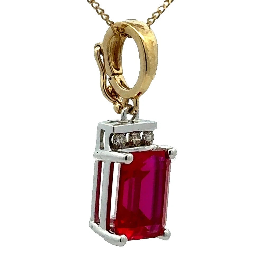 9Ct Two-Toned Gold Created Ruby & .10Ct Diamond Enhancer Pendant