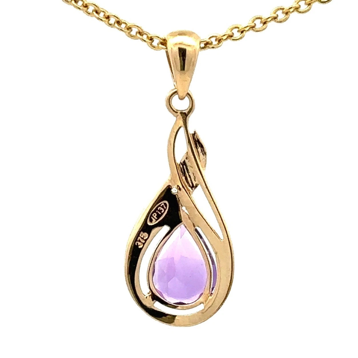 9Ct Yellow Gold Amethyst & Diamond Set Swirl Drop Pendant