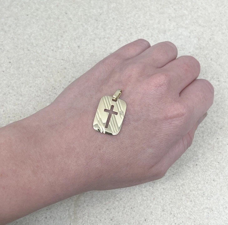 9Ct Yellow Gold Cross Cut Out Dog Tag Pendant