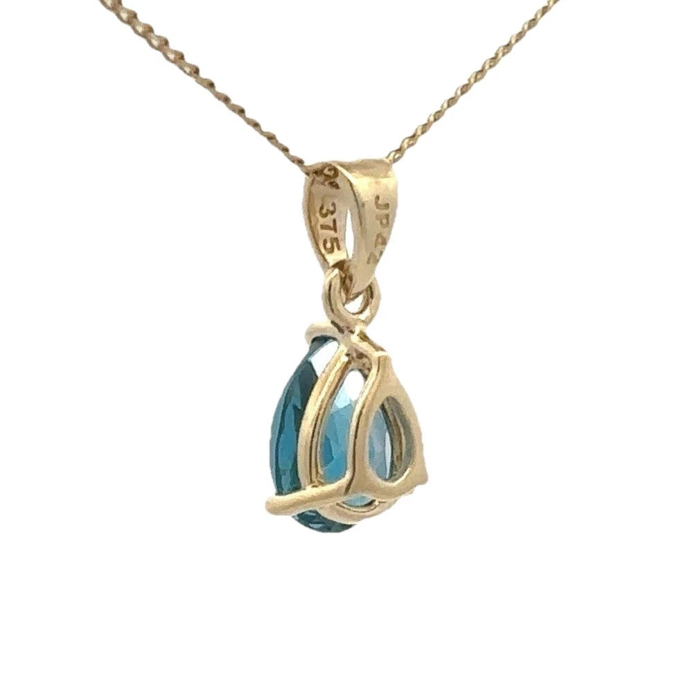 9Ct Yellow Gold Pear Shaped London Blue Topaz Solitaire Pendant