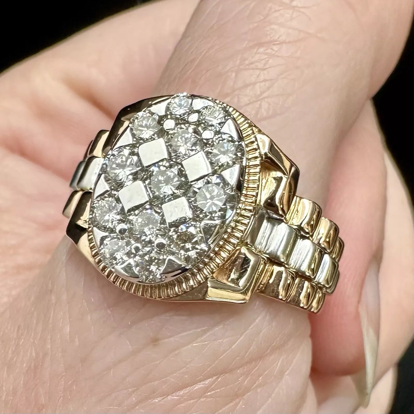 18Ct Rose & White Gold Cluster 1.15Ct Diamond Men's Ring Sz W VAL INCLUDED