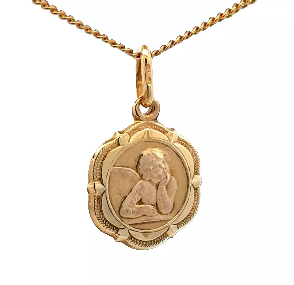 9Ct Yellow Gold 14mm Scalloped Edge Angel Pendant