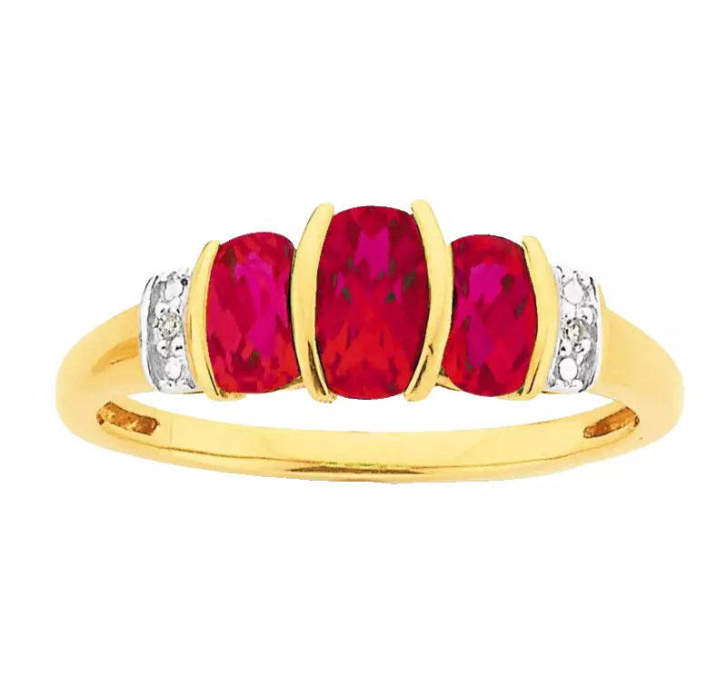 9Ct Yellow Gold Created Ruby Trilogy and Diamond Accent Ring Sz Q