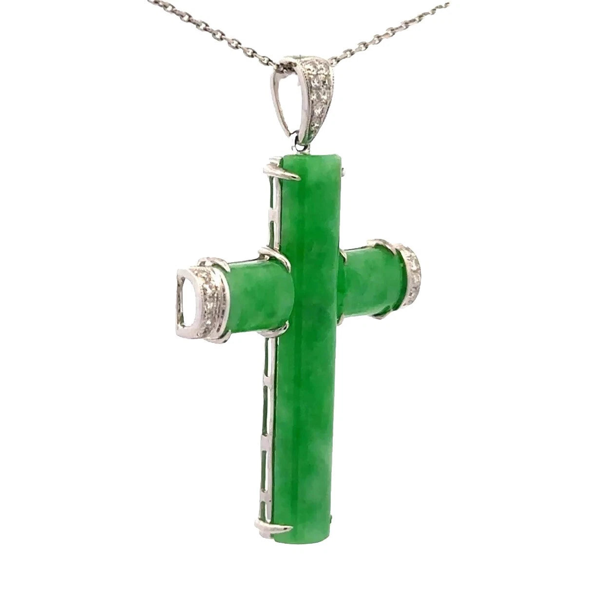 18Ct White Gold Jadeite .16CT TW Diamond Set Cross Pendant