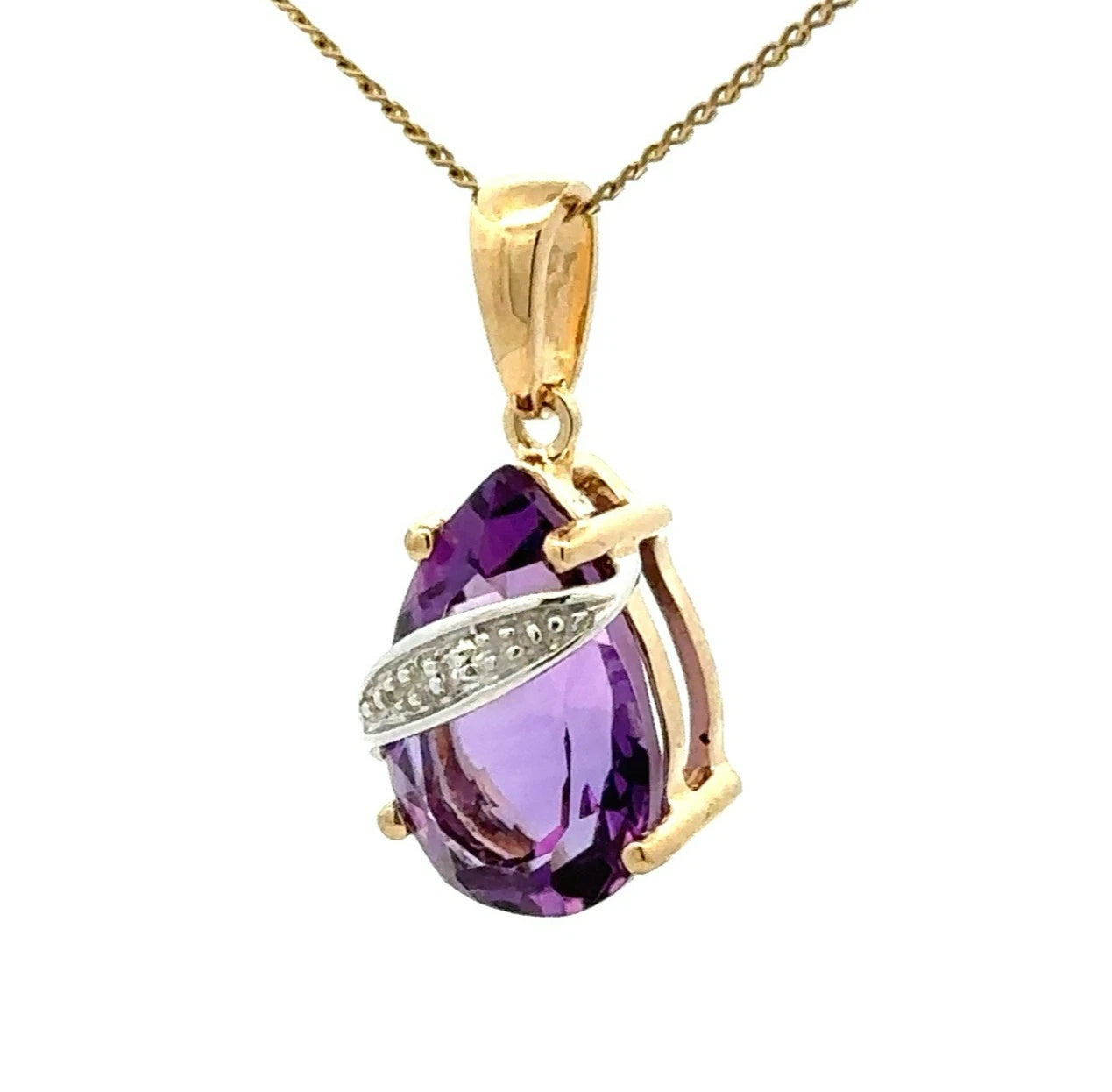 9Ct Yellow Gold Pear Shaped Amethyst & Diamond Accent Pendant