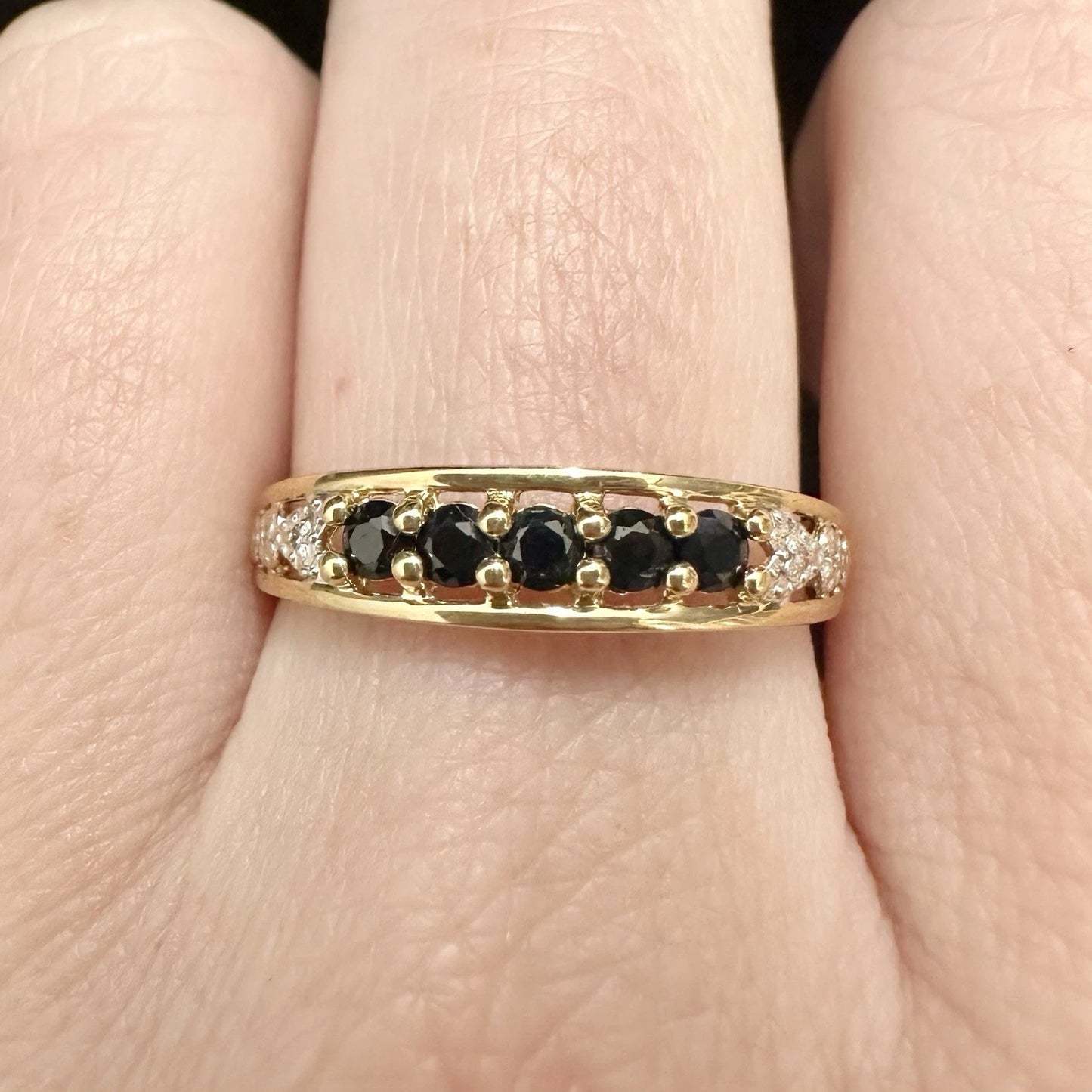 9Ct Yellow Gold Sapphire & Diamond Accent Band Ring - Sz Q 1/2