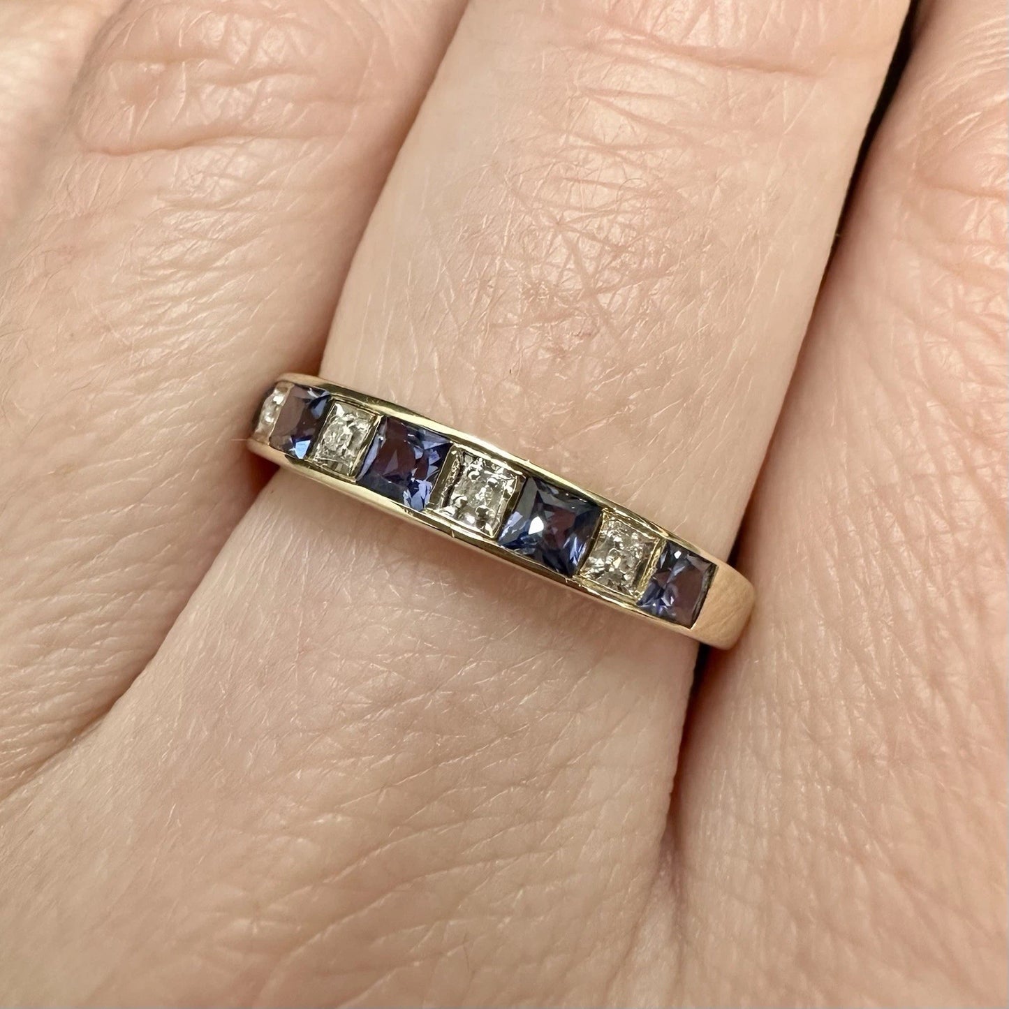 9Ct Yellow Gold Created Ceylon Sapphire & Diamond Band Ring Sz O