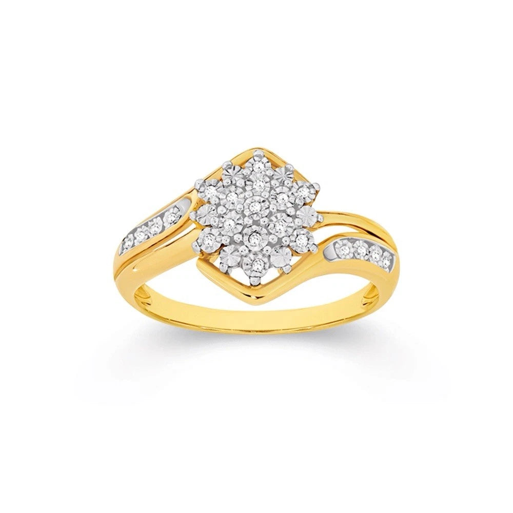 9Ct Yellow Gold .04 TW Diamond Miracle Set Cluster Ring Sz Q