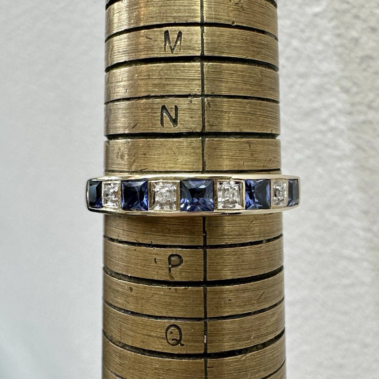 9Ct Yellow Gold Created Ceylon Sapphire & Diamond Band Ring Sz O