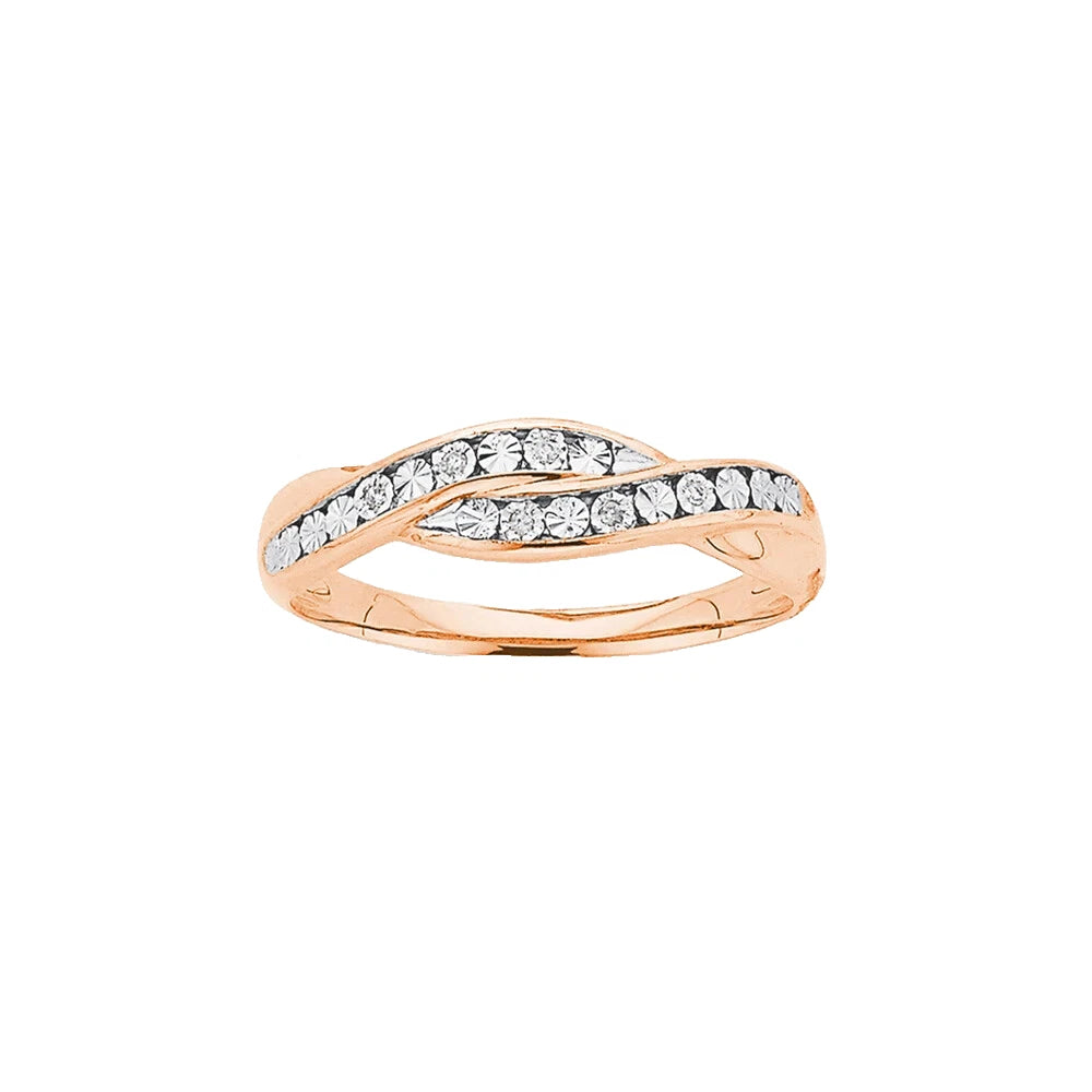 9Ct Rose Gold Miracle Set Diamond Crossover Band Ring Sz N 1/2