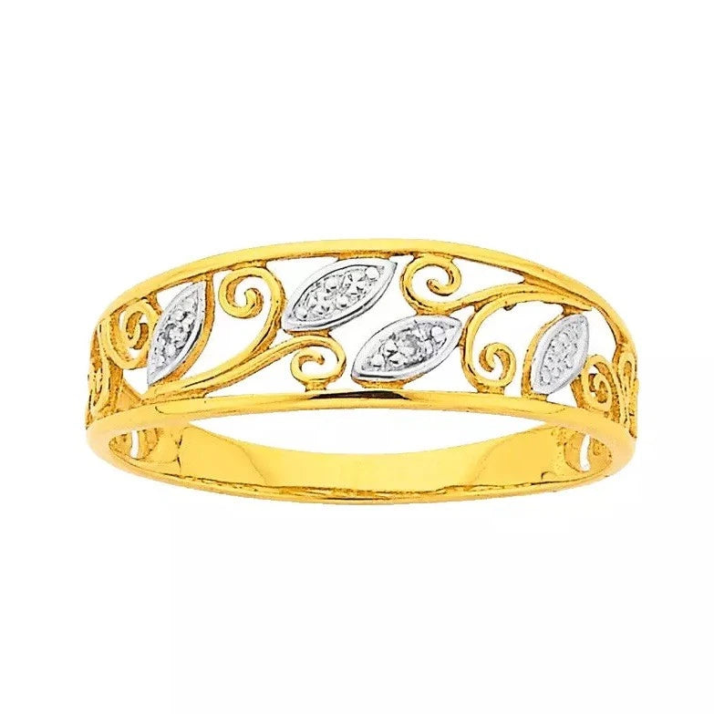 9Ct Two-Toned Gold and Diamond Filigree Leaf Band Ring Sz O