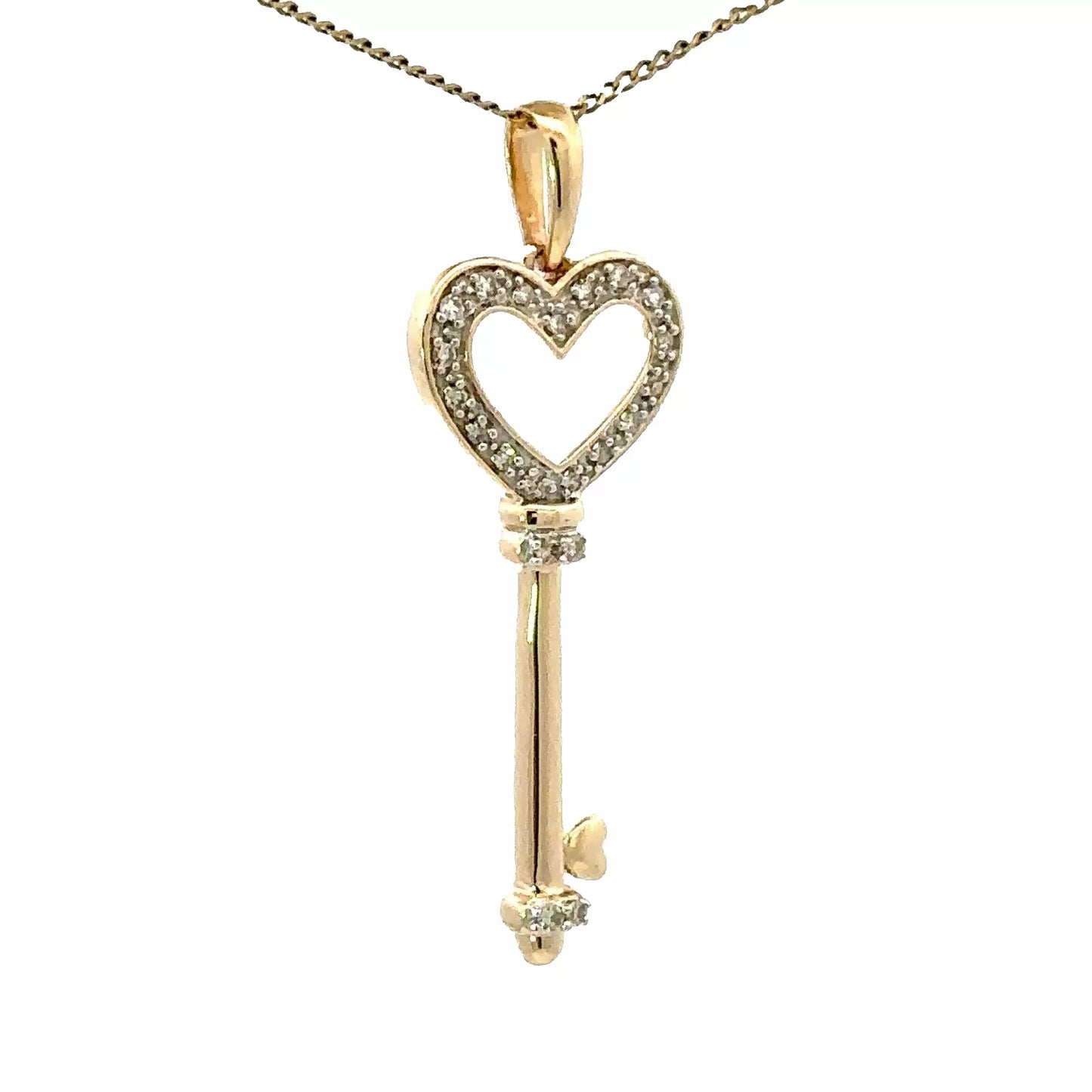 9Ct Yellow Gold .02 Carat TW Diamond Heart Key Charm Pendant