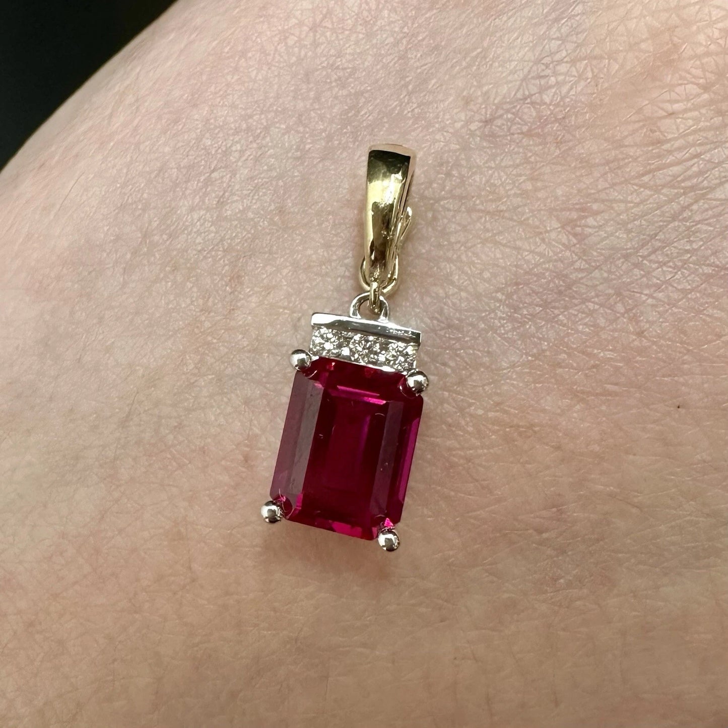9Ct Two-Toned Gold Created Ruby & .10Ct Diamond Enhancer Pendant