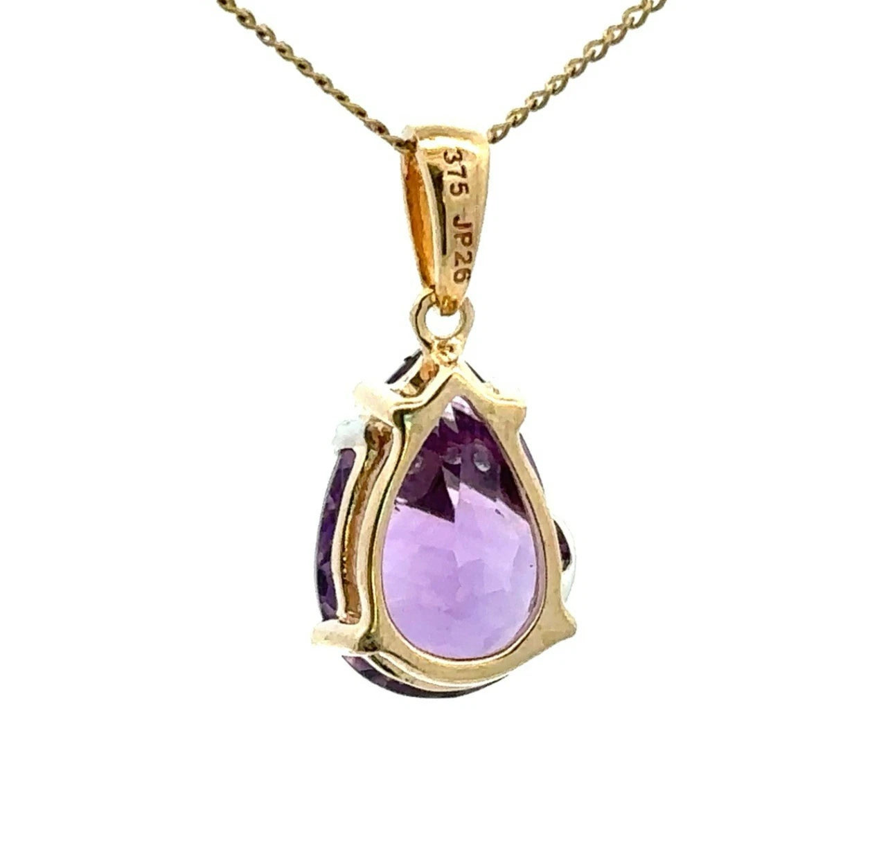 9Ct Yellow Gold Pear Shaped Amethyst & Diamond Accent Pendant