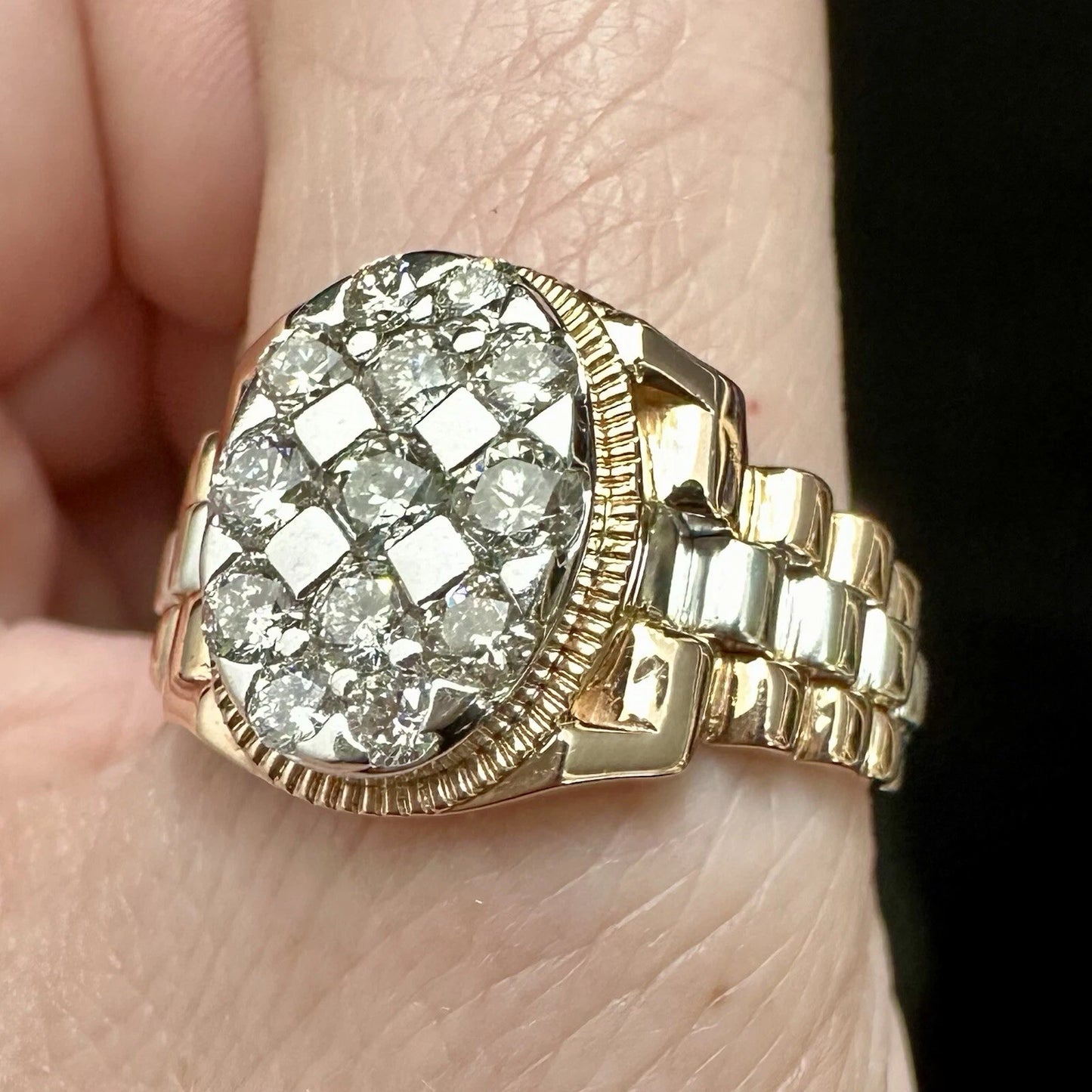 18Ct Rose & White Gold Cluster 1.15Ct Diamond Men's Ring Sz W VAL INCLUDED