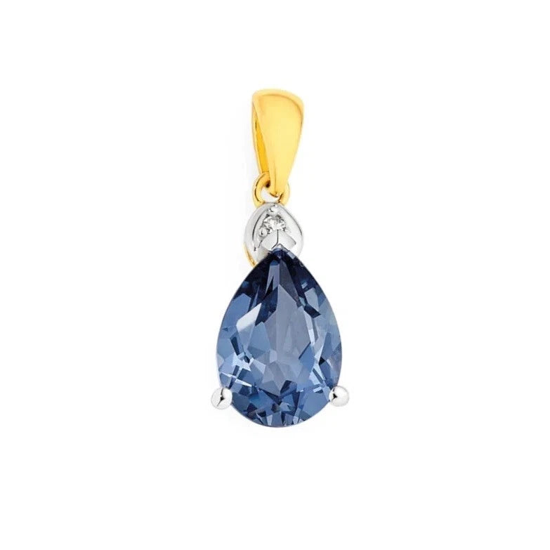 9Ct Yellow Gold Created Ceylon Sapphire & Diamond Pendant