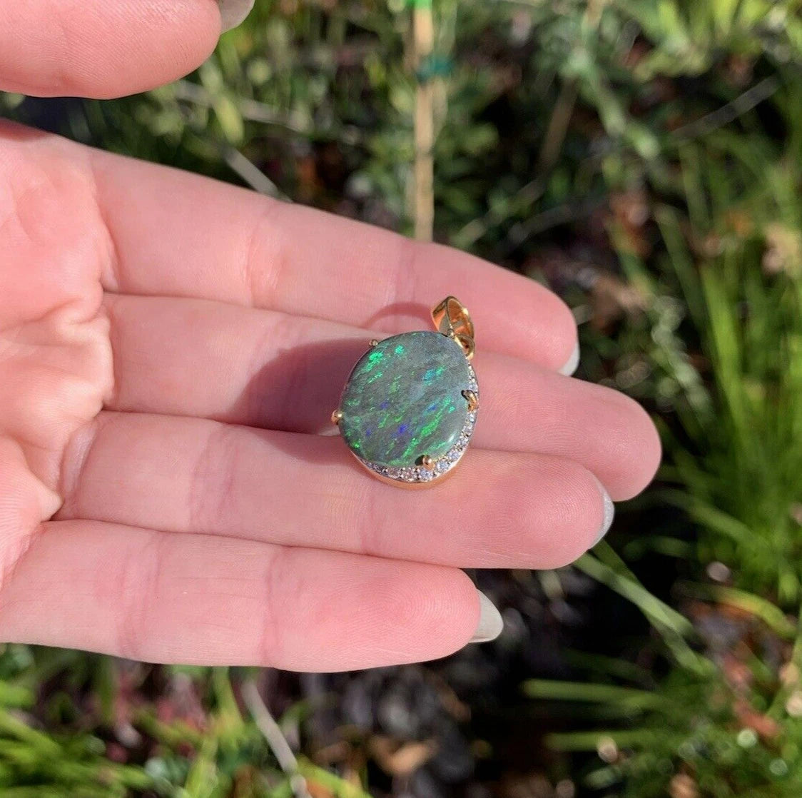 9Ct Yellow Gold Opal & 0.52 Carat TW Diamond Accent Pendant