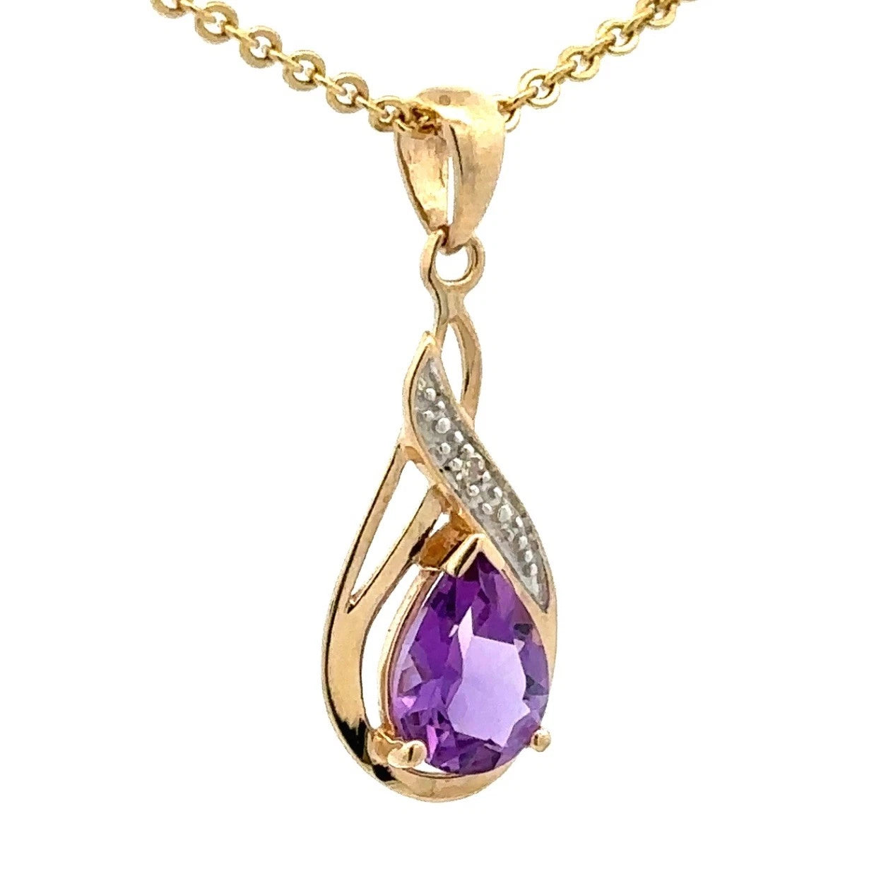 9Ct Yellow Gold Amethyst & Diamond Set Swirl Drop Pendant