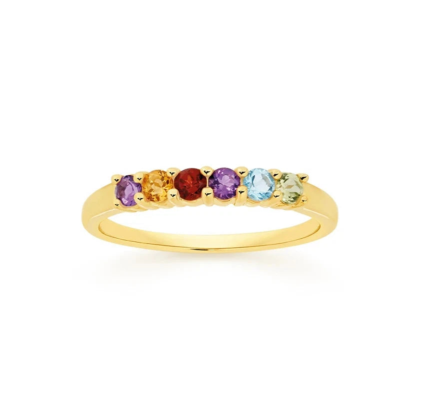 9Ct Yellow Gold Multi Gemstone Claw Set Ring Sz O