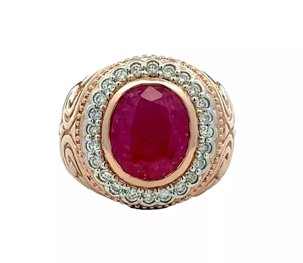 14Ct Rose Gold 4.07ct Natural Ruby & .43ct TW Diamond Men's Ring Sz Q 1/2