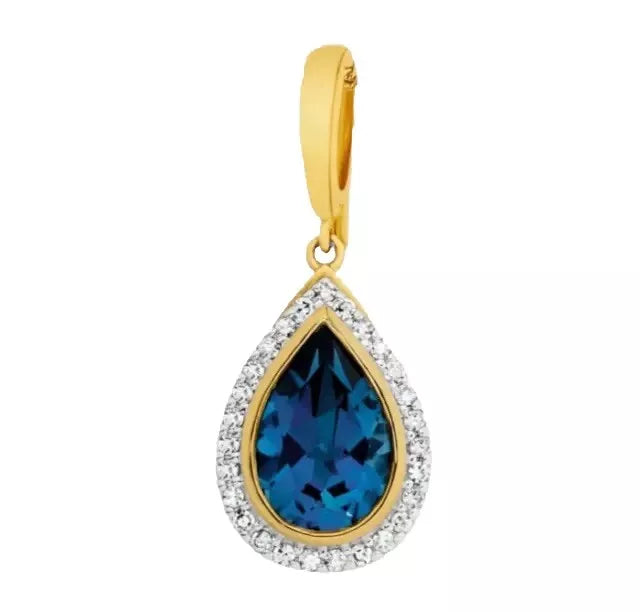 9Ct Yellow Gold London Blue Topaz & .20 Carat TW Diamond Enhancer Pendant