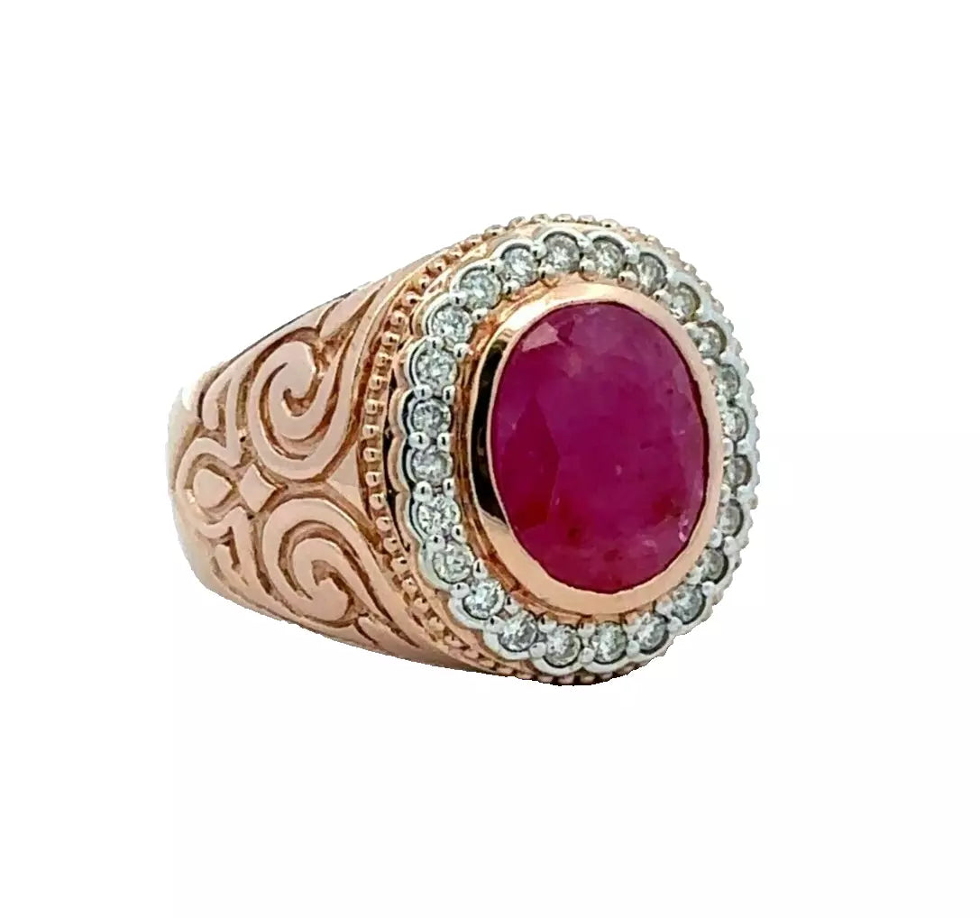 14Ct Rose Gold 4.07ct Natural Ruby & .43ct TW Diamond Men's Ring Sz Q 1/2
