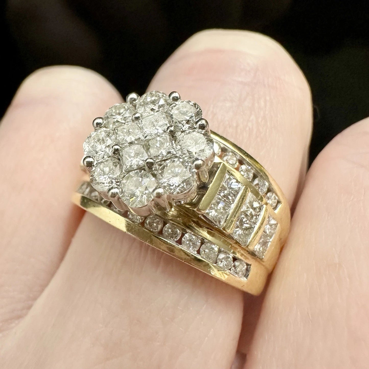 14Ct Yellow Gold 1.80 TW Diamond Three Row Cluster Ring Sz N 1/2