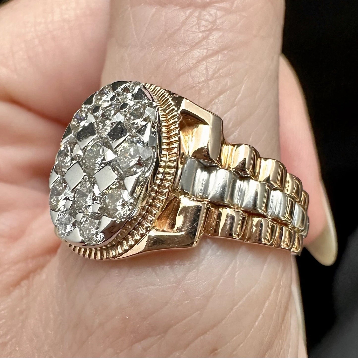 18Ct Rose & White Gold Cluster 1.15Ct Diamond Men's Ring Sz W VAL INCLUDED