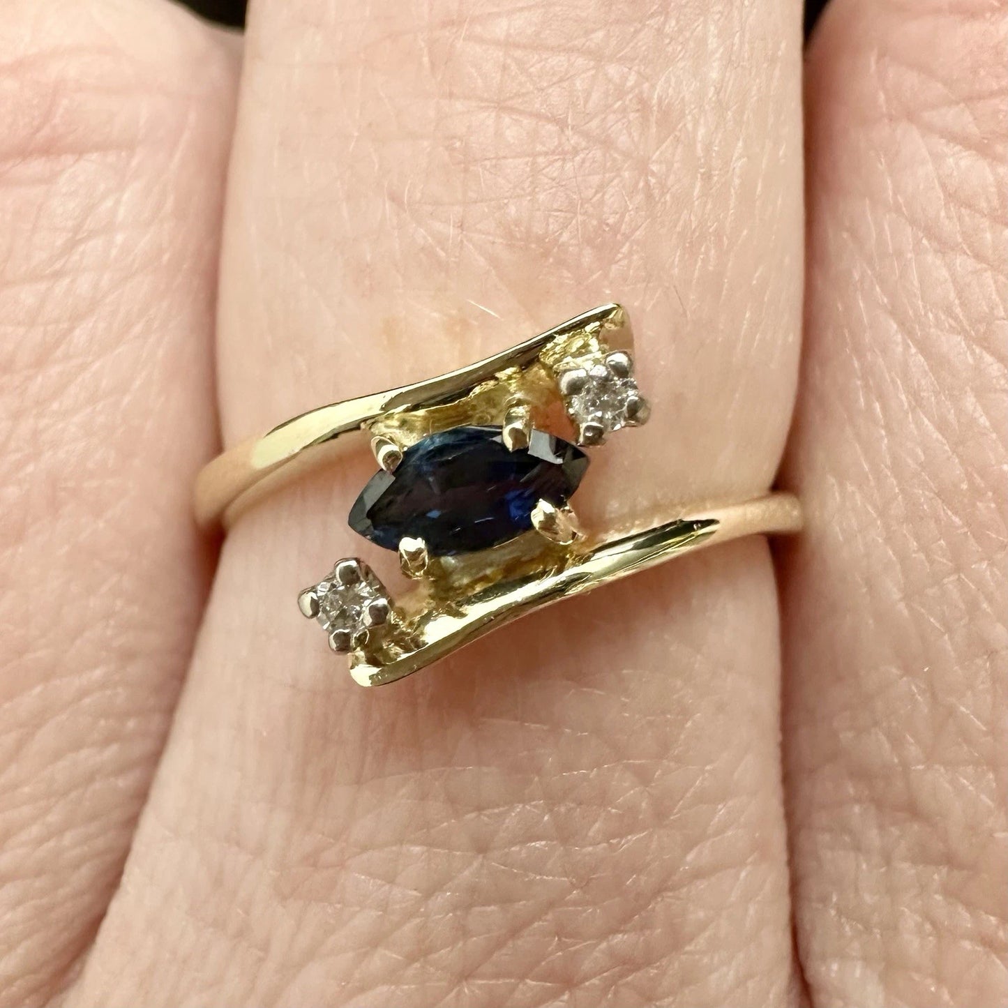 9Ct Yellow Gold Marquise Cut Sapphire & Diamond Accent Split Shank Ring Sz M