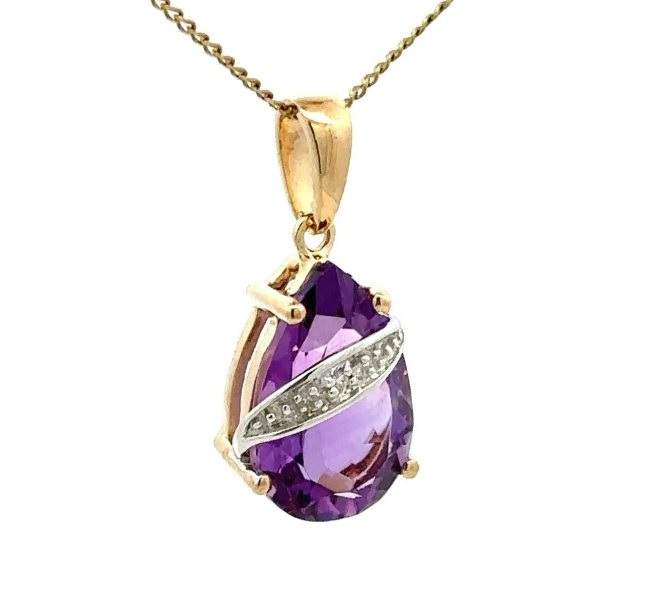 9Ct Yellow Gold Pear Shaped Amethyst & Diamond Accent Pendant