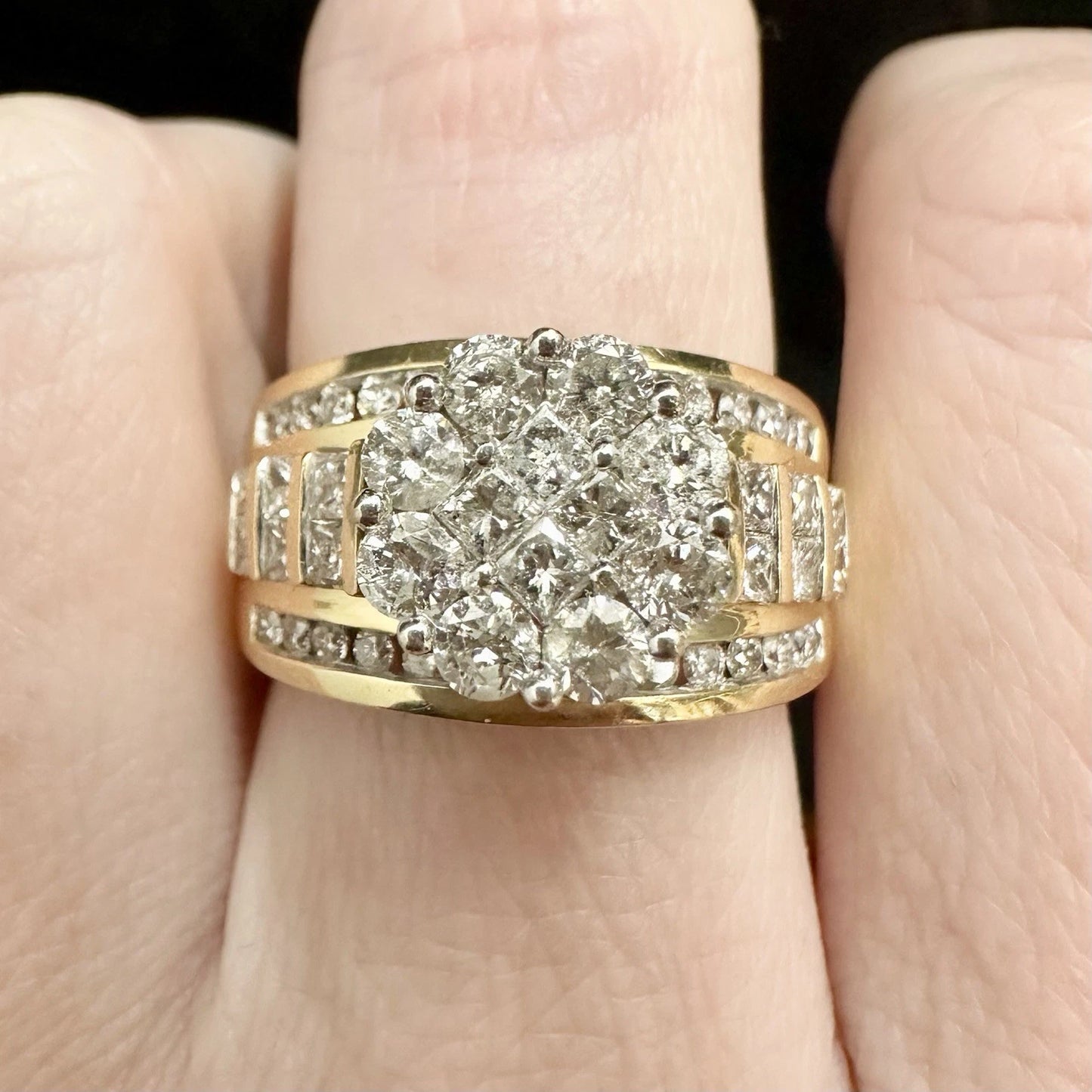 14Ct Yellow Gold 1.80 TW Diamond Three Row Cluster Ring Sz N 1/2