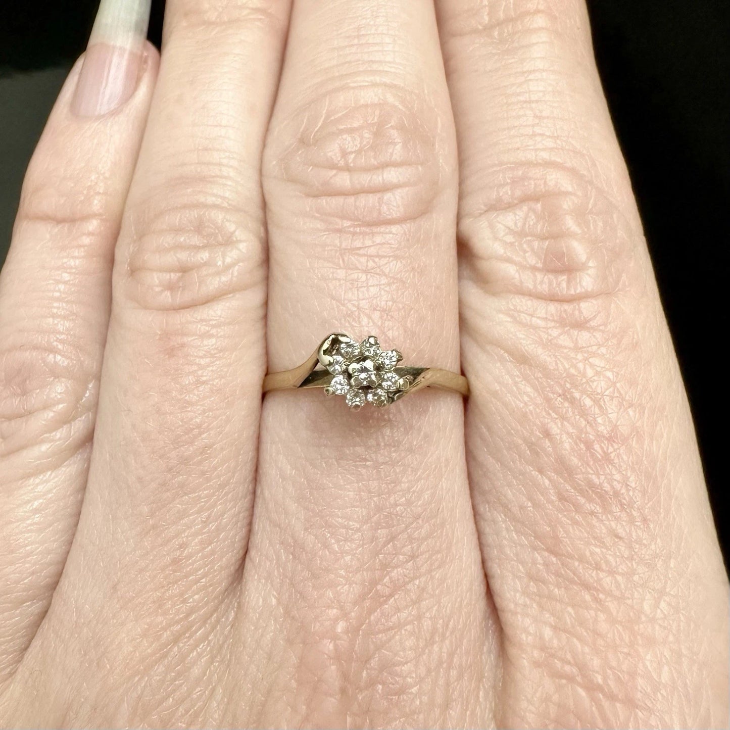 9Ct Yellow Gold Vintage Diamond Set Floral Ring Sz M