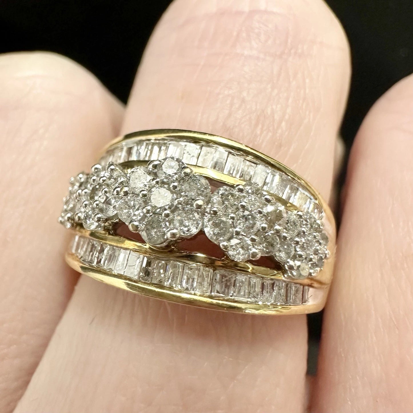 9Ct Yellow Gold .50 TW Baguette & Brilliant Cut Diamond Three Row Cluster Ring