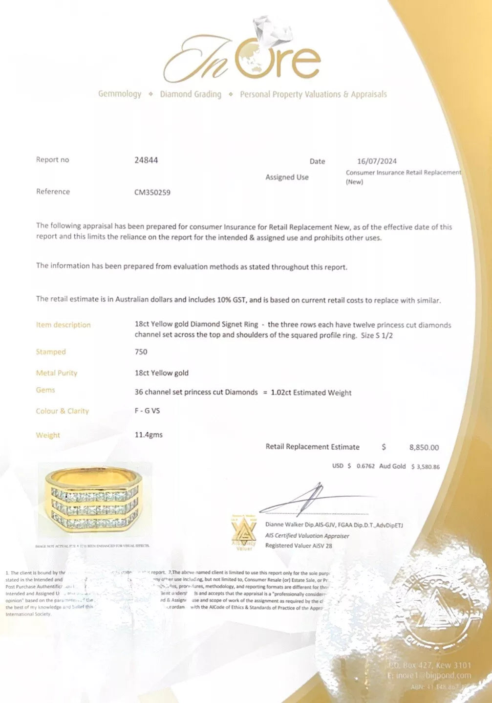 18Ct Yellow Gold 1.02 Carat TW Diamond Men's Signet Ring - Sz S 1/2 VAL INCLUDED