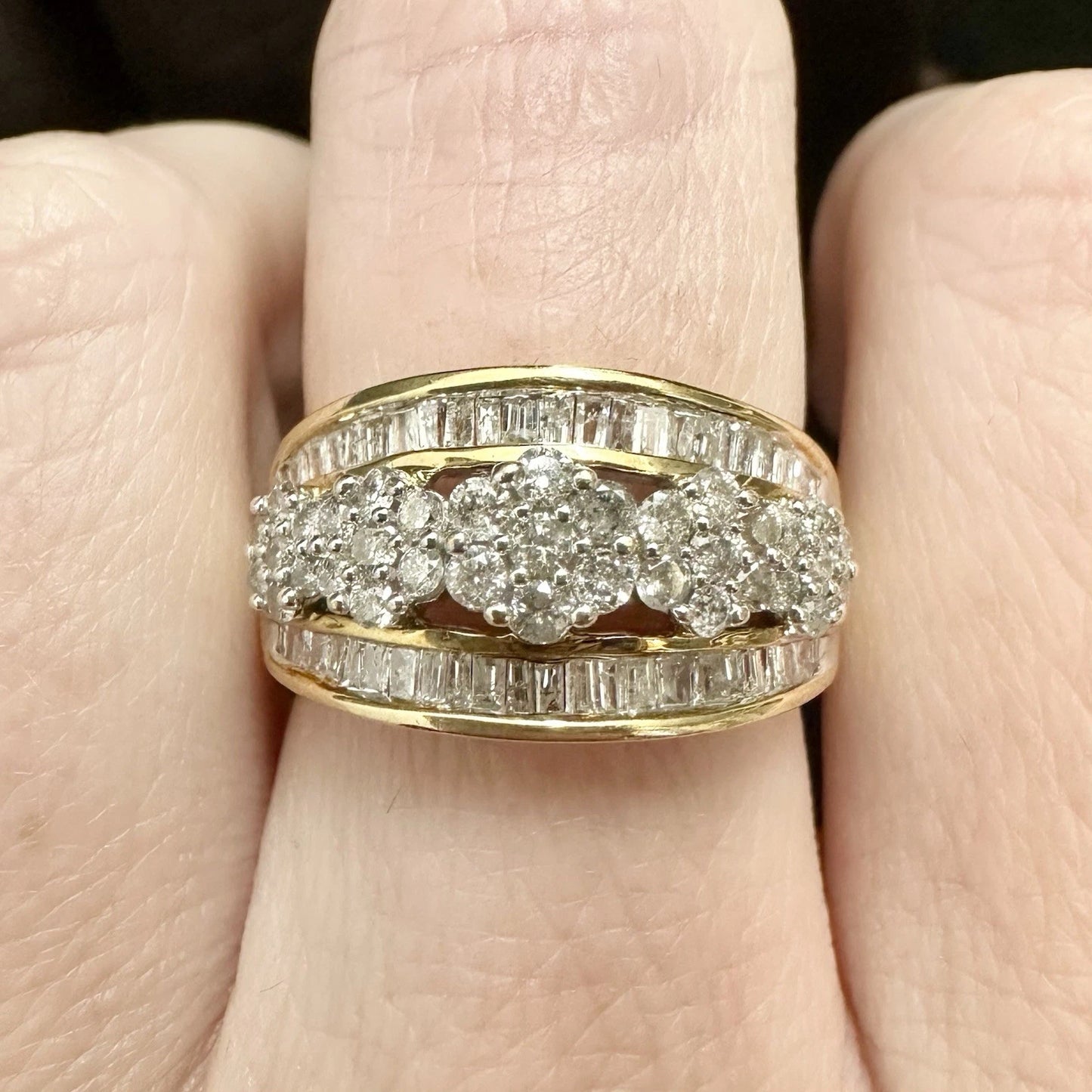 9Ct Yellow Gold .50 TW Baguette & Brilliant Cut Diamond Three Row Cluster Ring