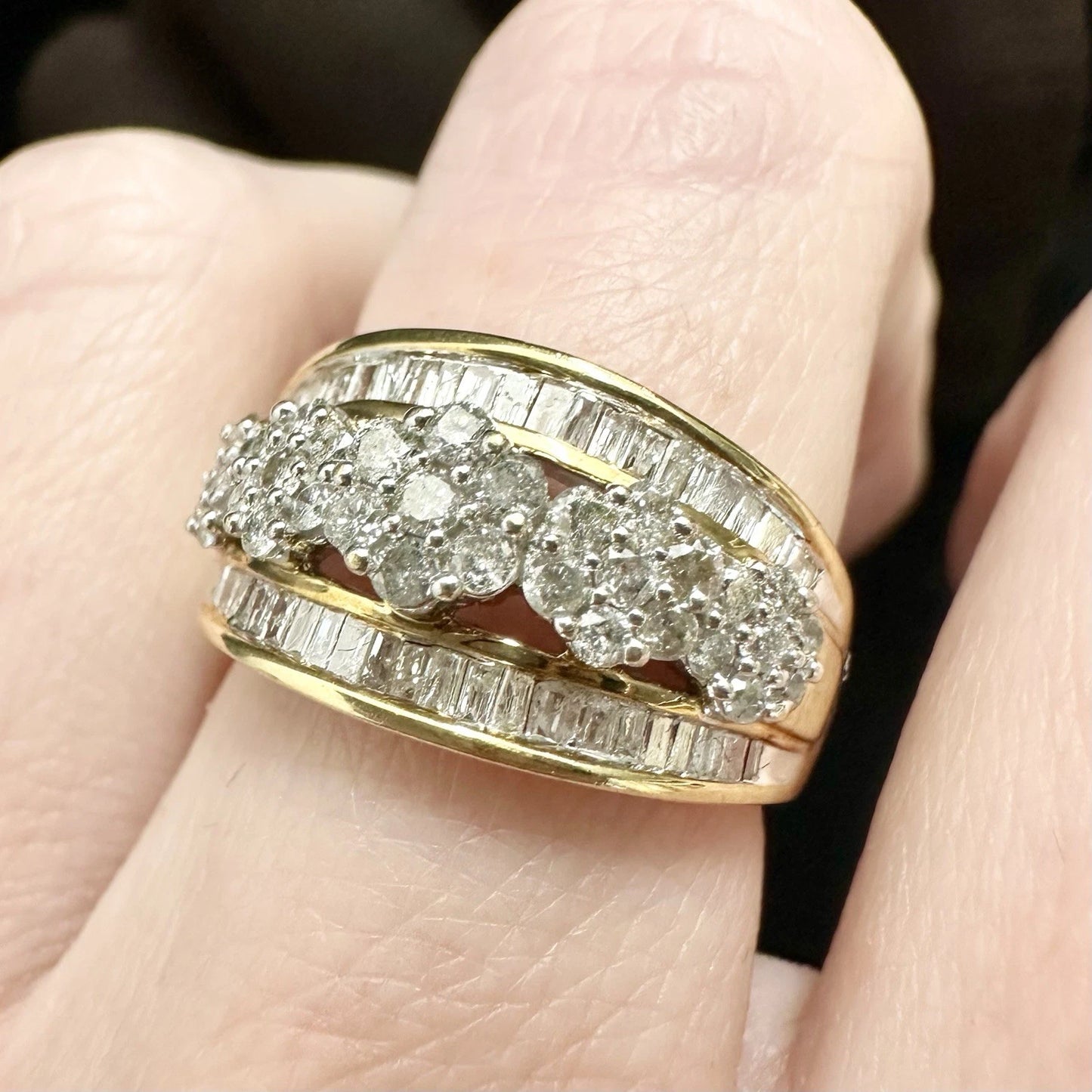 9Ct Yellow Gold .50 TW Baguette & Brilliant Cut Diamond Three Row Cluster Ring