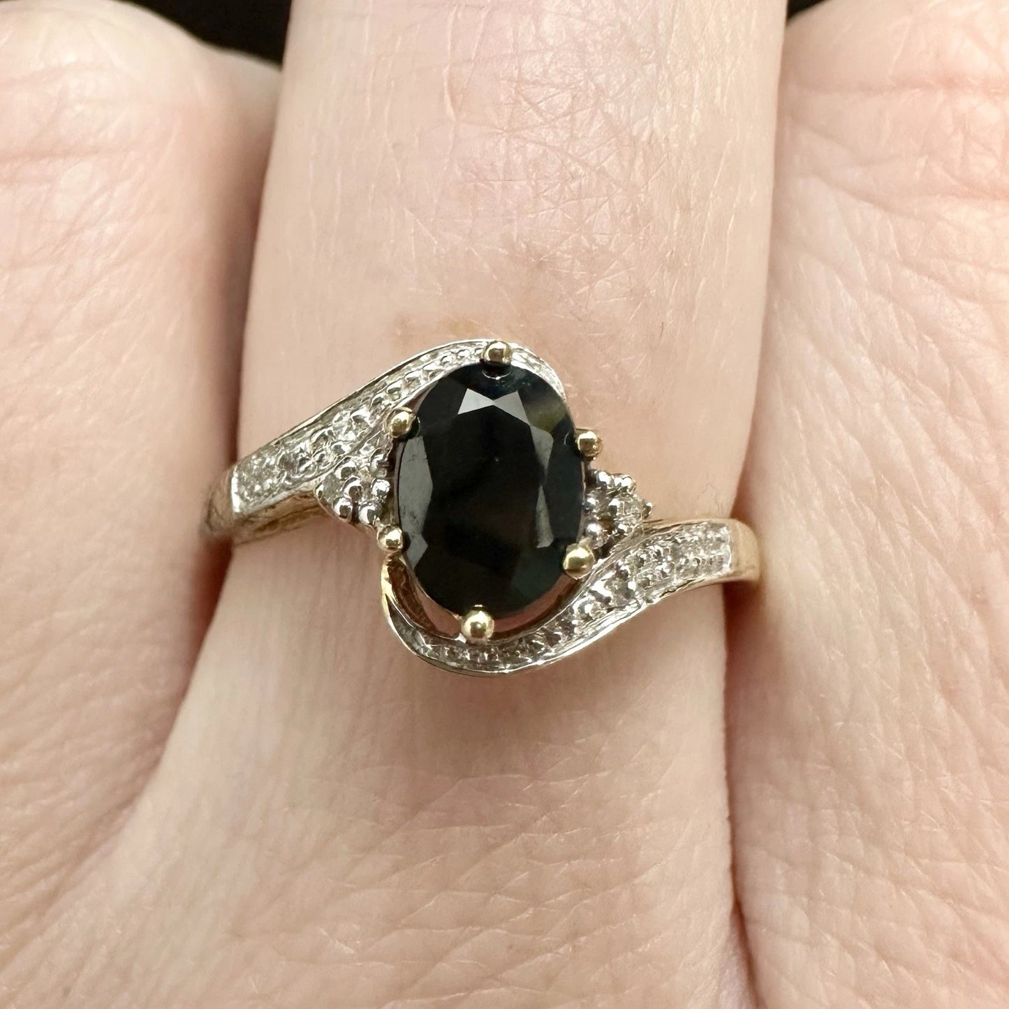 9Ct Yellow Gold Sapphire & Diamond Accent Ring - Sz O