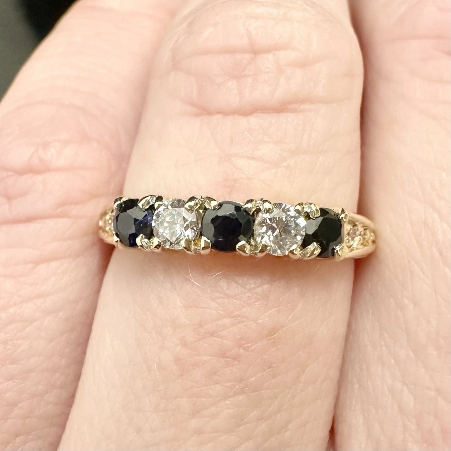 9Ct Yellow Gold Vintage Birmingham Sapphire & Diamond Simulant Band Ring Sz K