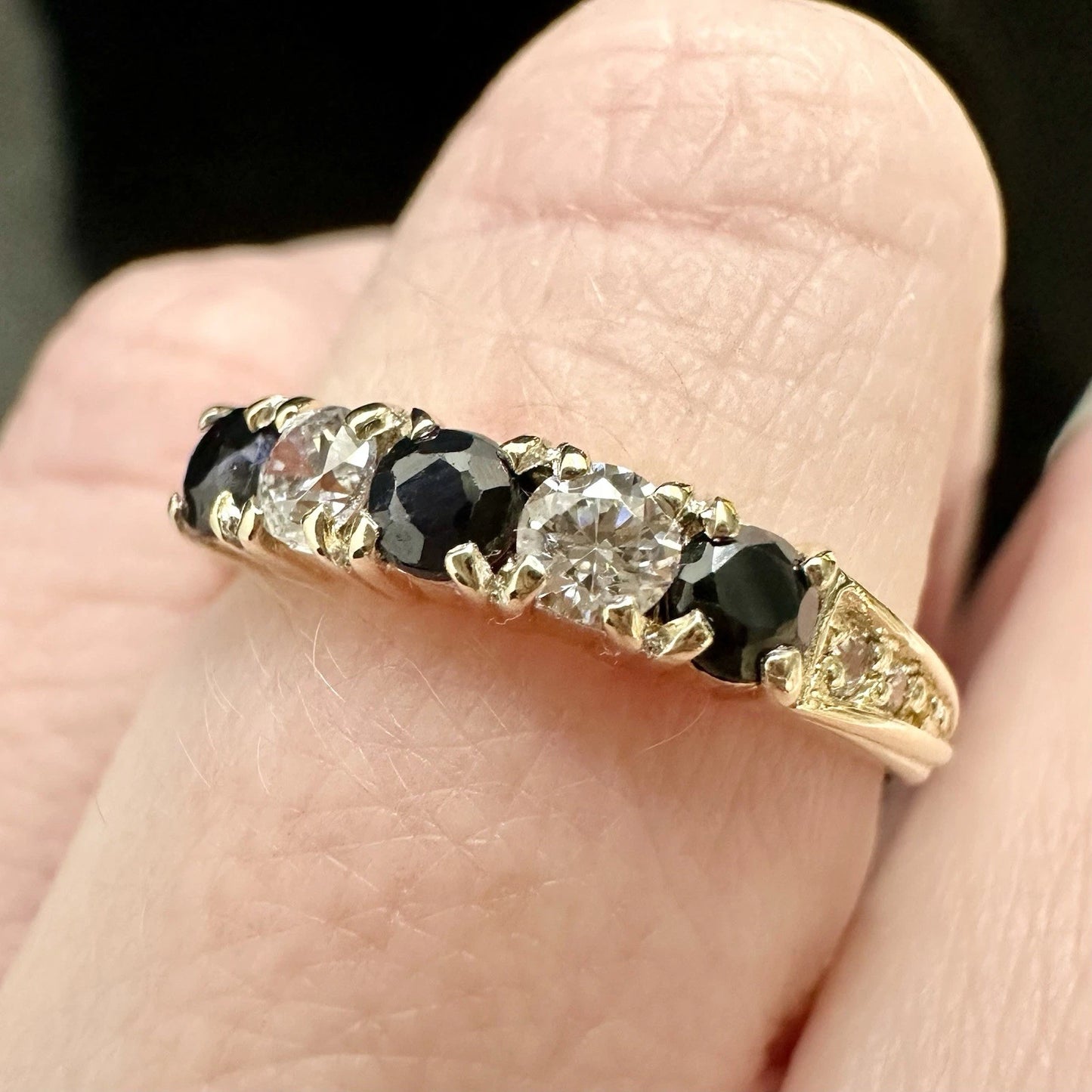 9Ct Yellow Gold Vintage Birmingham Sapphire & Diamond Simulant Band Ring Sz K