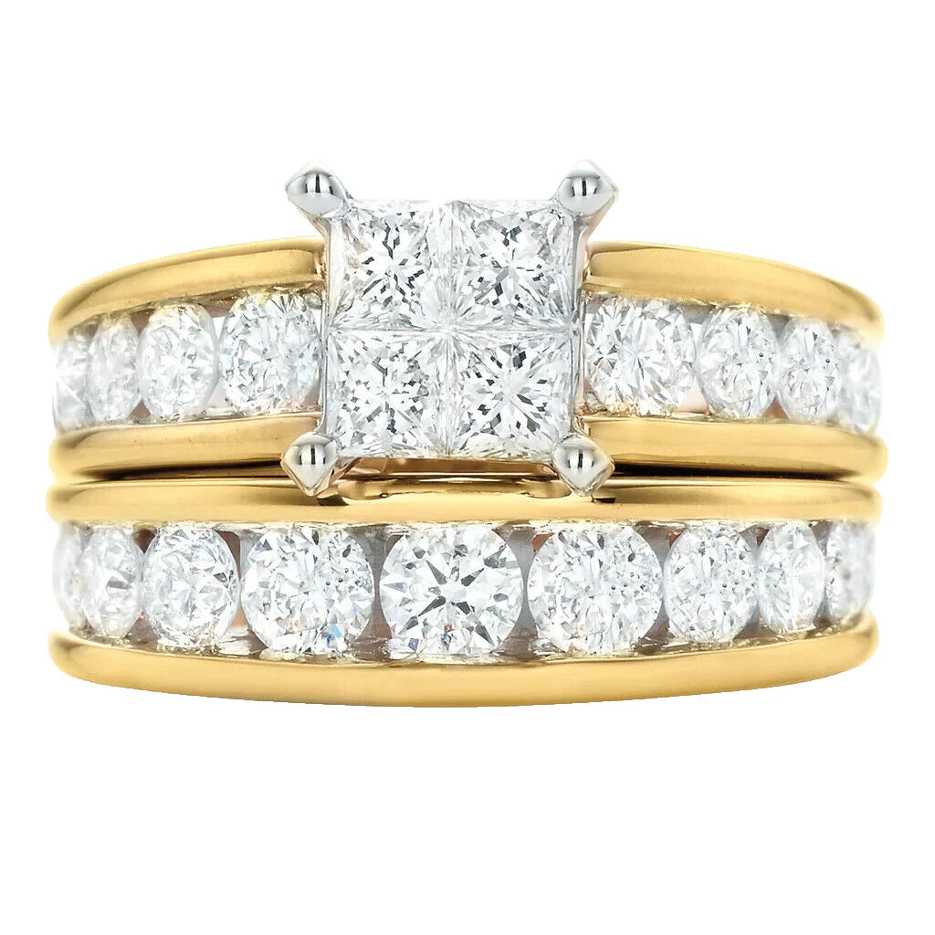 14ct Two-Tone Gold 3Ct TW Round Brilliant & Princess Cut Diamond Ring Set Sz M
