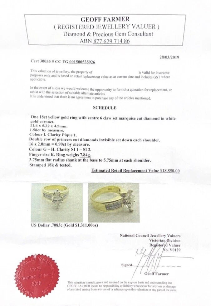 18Ct Yellow Gold Marquise 2.48 Carat TW Diamond Ring with Side Accents Sz N 1/2