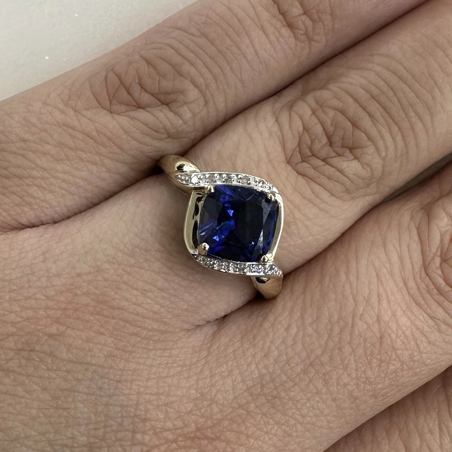 9Ct Yellow Gold Cushion Cut Created Sapphire & Diamond Ring - Sz Q 1/2